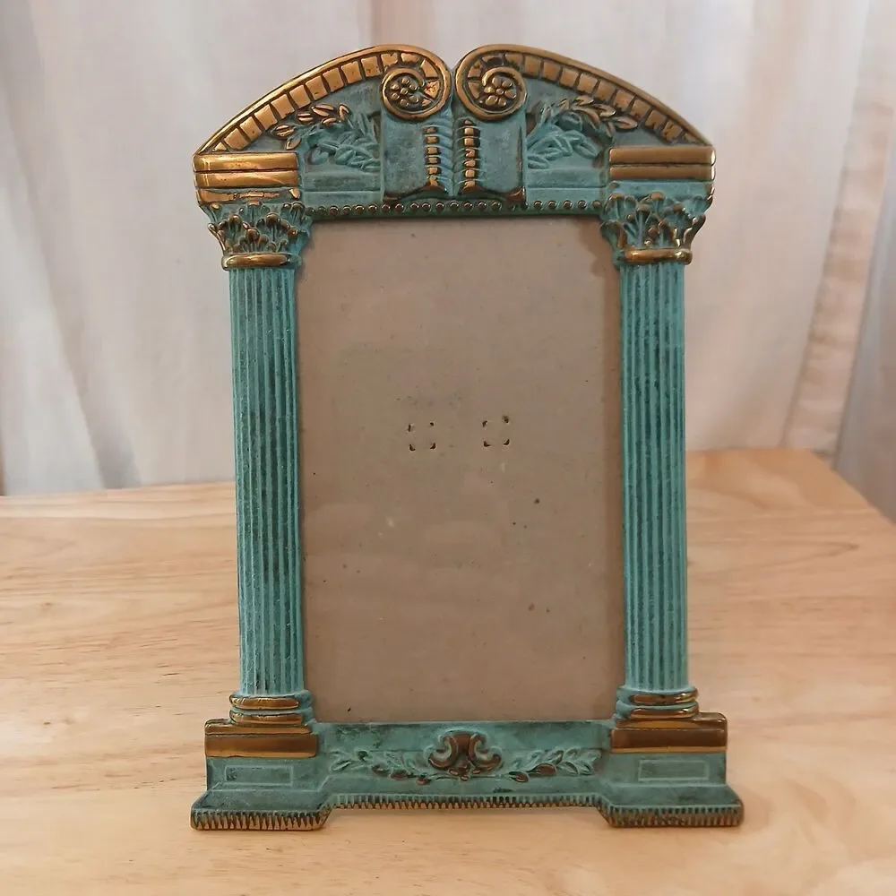 Vintage Greek Revival Metal Faux Verdigris & Gold Picture Frame 4x6 Photo Insert